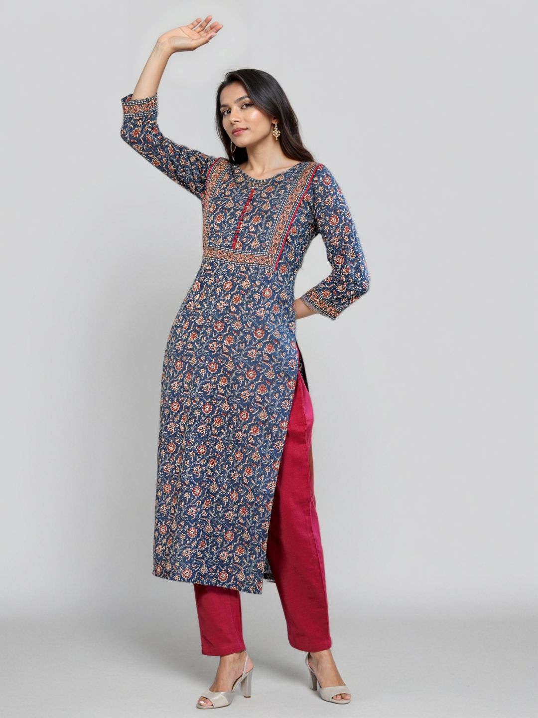 Floral Printed Notch Neck Pure Cotton Straight Kurta