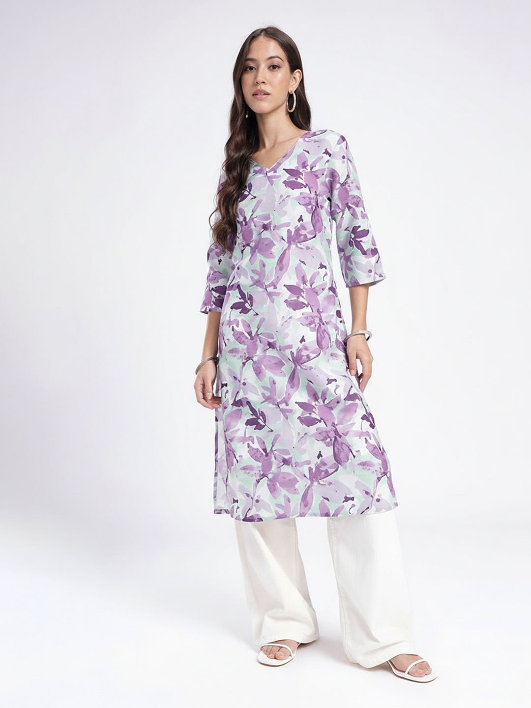 V-Neck Floral Printed Straight Kurta