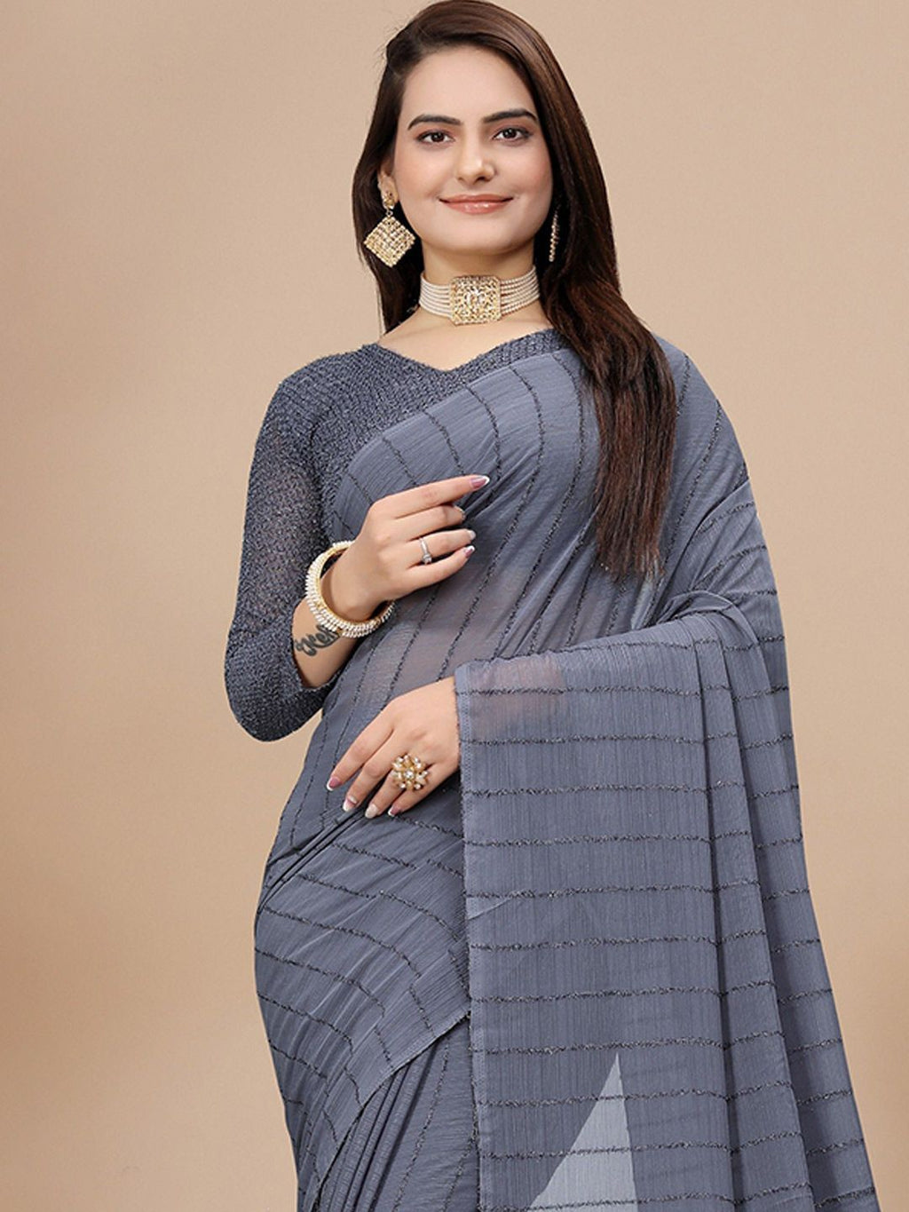 Dhimhi Women's Striped Pure Chiffon Saree