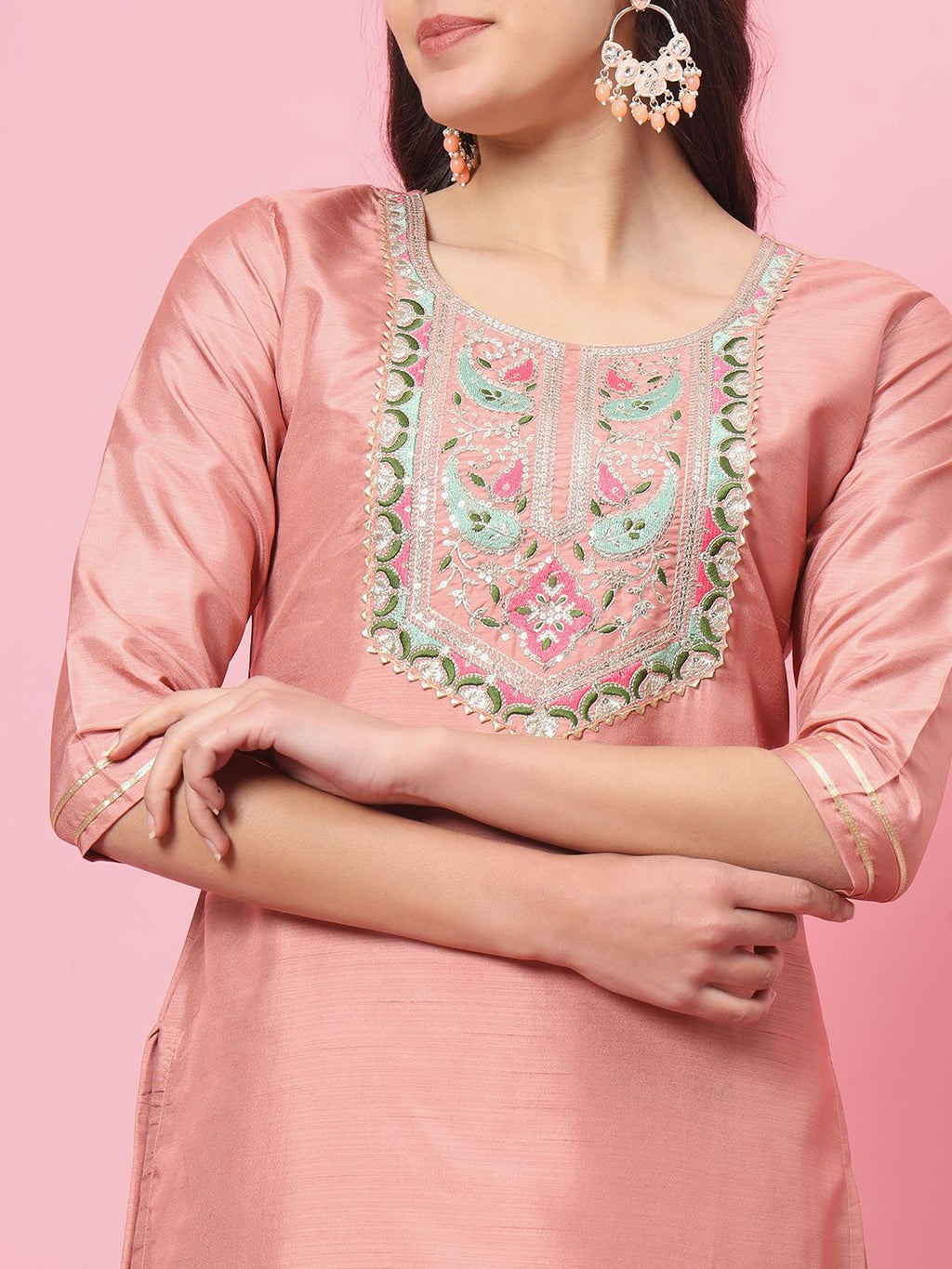 Dhimhi women's kurta set featuring a traditional embroidered top paired with matching bottoms and dupatta.