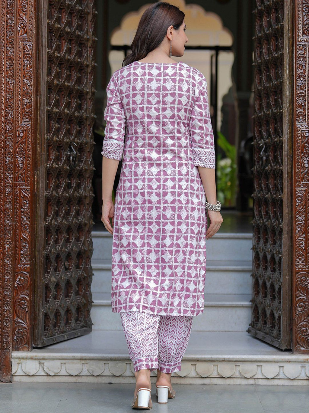 Dhimhi Women's Geometric Printed Pure Cotton Straight Kurta with Salwar & Dupatta