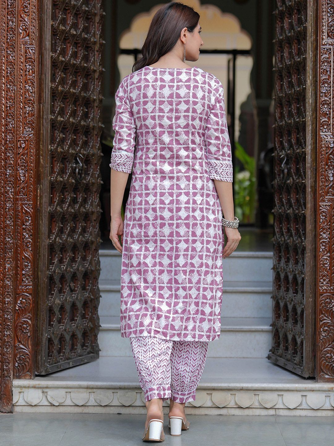 Dhimhi Women's Geometric Printed Pure Cotton Straight Kurta with Salwar & Dupatta