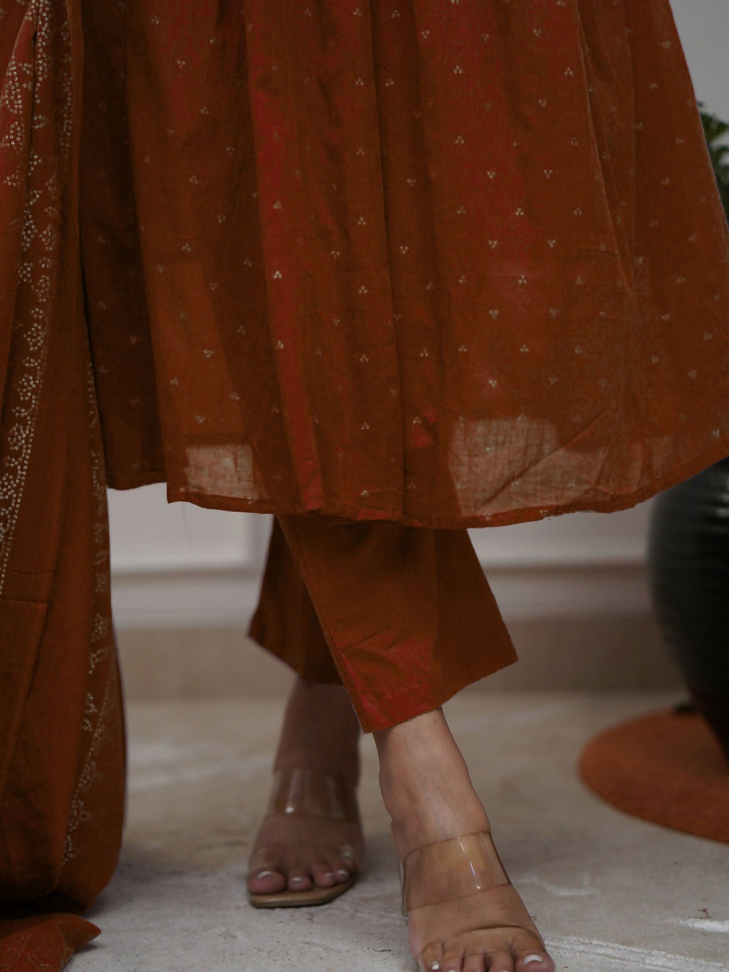 Dhimhi women's cotton kurta set with embroidery, including straight kurta, matching pants, and dupatta, in vibrant fabric.