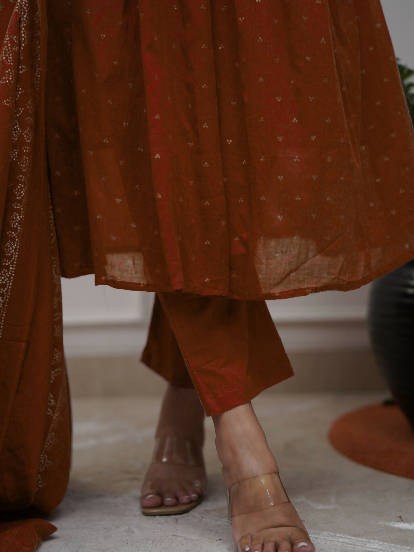 Dhimhi women's cotton kurta set with embroidery, including straight kurta, matching pants, and dupatta, in vibrant fabric.