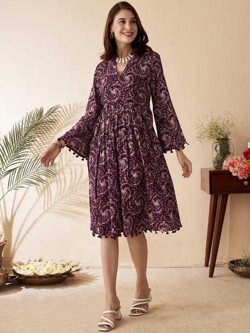 Dhimhi Women's Abstract Midi Tassel Ethnic Dress