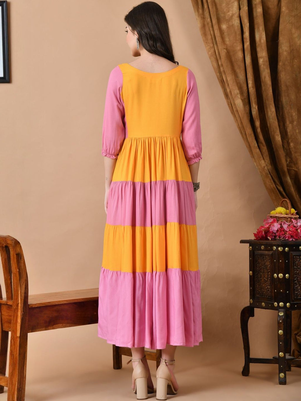 Dhimhi Women's Viscose Rayon Colourblocked Fit & Flared Midi Ethnic Dresses