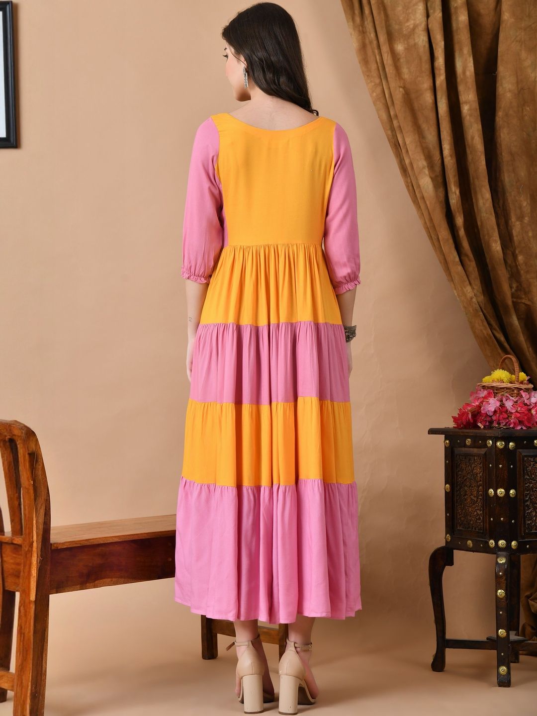 Dhimhi Women's Viscose Rayon Colourblocked Fit & Flared Midi Ethnic Dresses